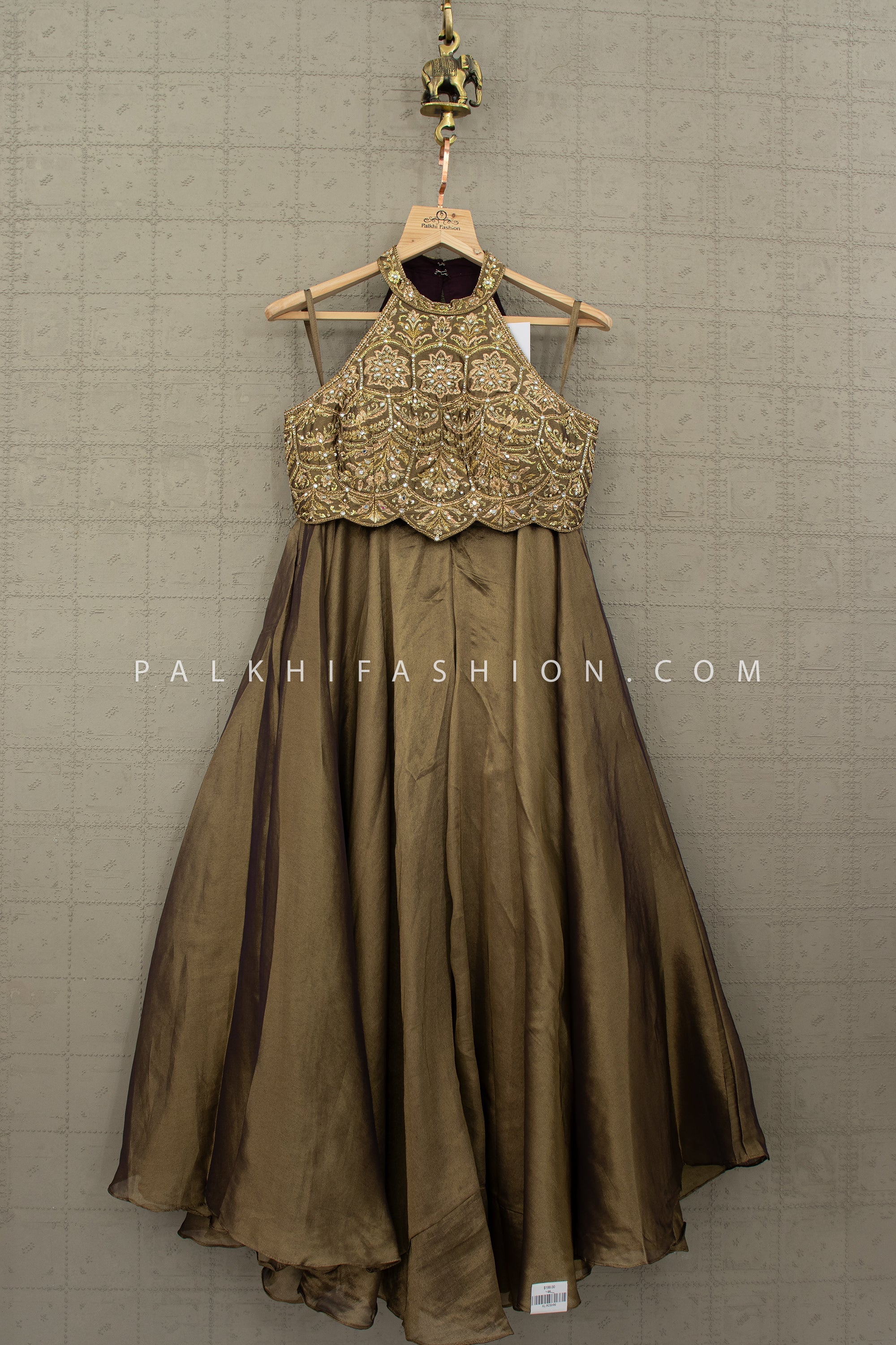 Verdant Heirloom — Hand - Embroidered Halter Neck Palazzo Set with Antique Gold Detailing