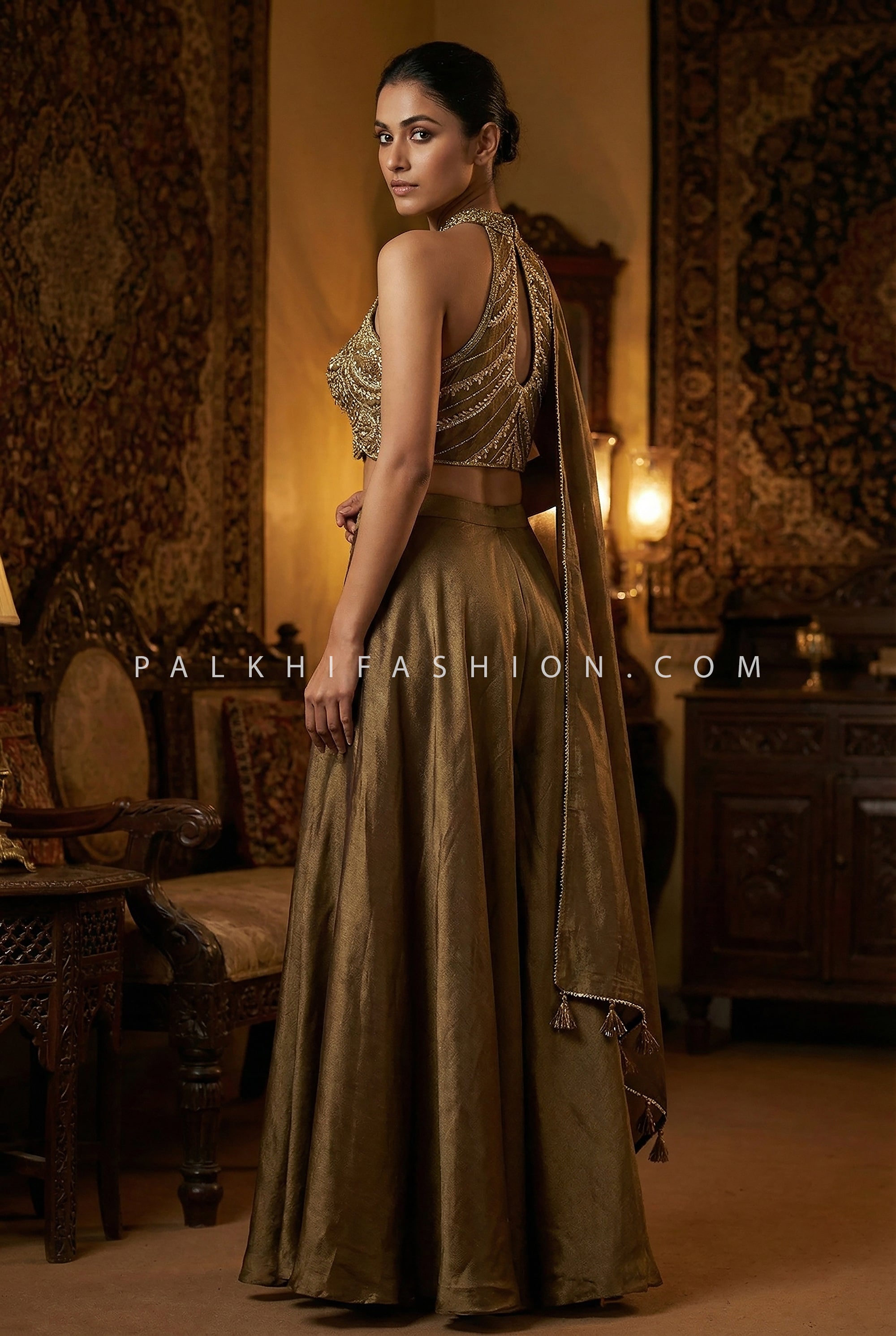 Verdant Heirloom — Hand - Embroidered Halter Neck Palazzo Set with Antique Gold Detailing