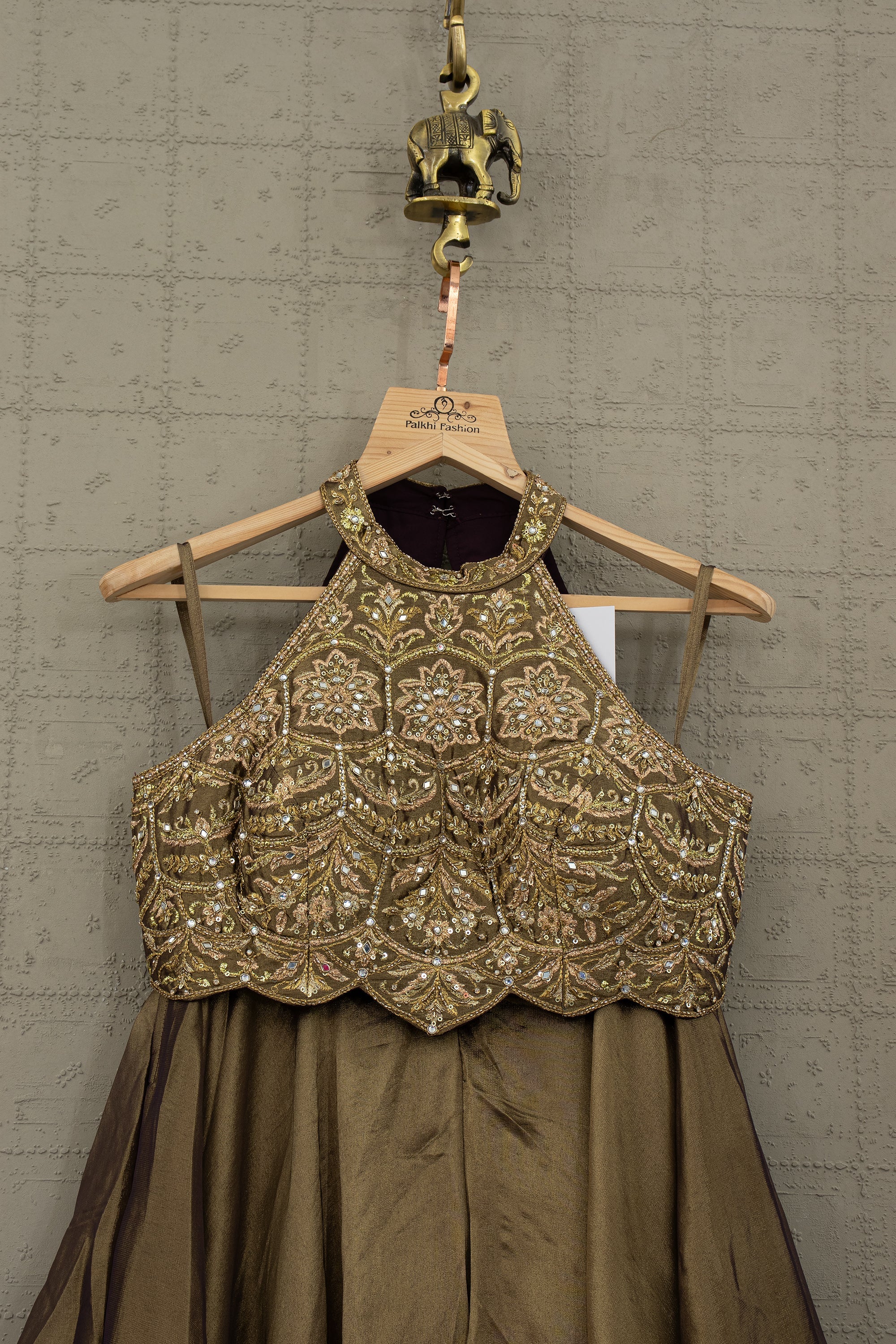 Verdant Heirloom — Hand - Embroidered Halter Neck Palazzo Set with Antique Gold Detailing