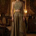 Verdant Heirloom — Hand - Embroidered Halter Neck Palazzo Set with Antique Gold Detailing