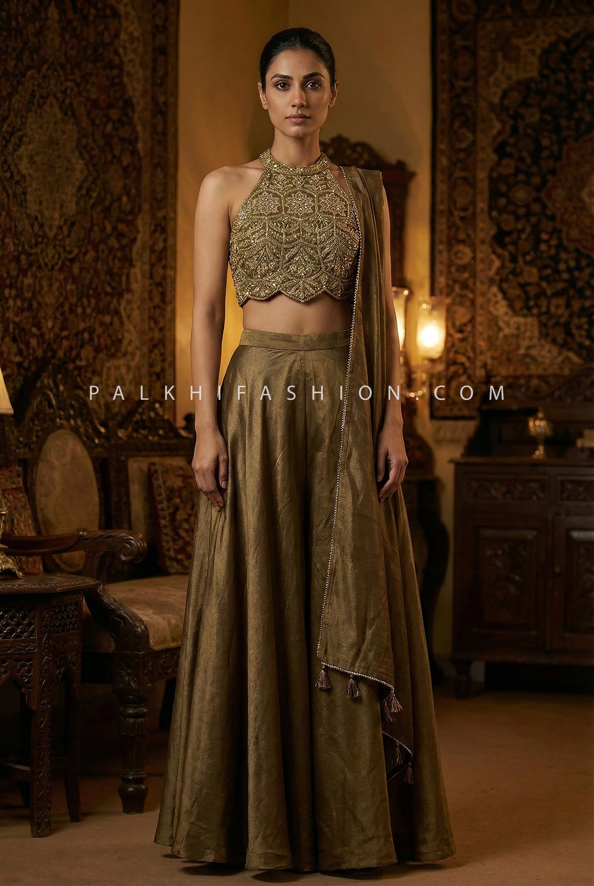 Verdant Heirloom — Hand - Embroidered Halter Neck Palazzo Set with Antique Gold Detailing