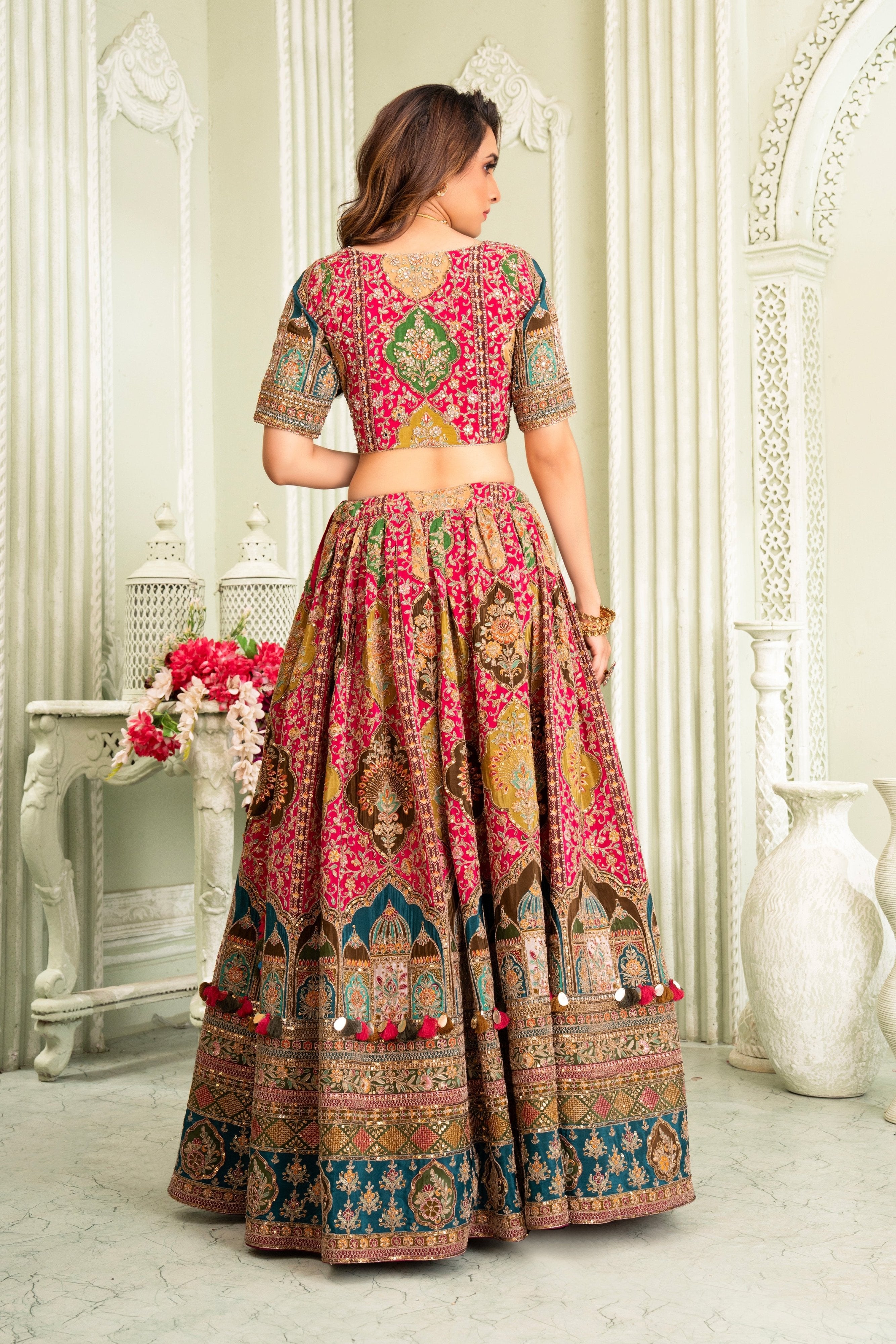 Vibrant Glamour: Multicolor Hand worked Designer Lehenga Choli – Palkhi Fashion