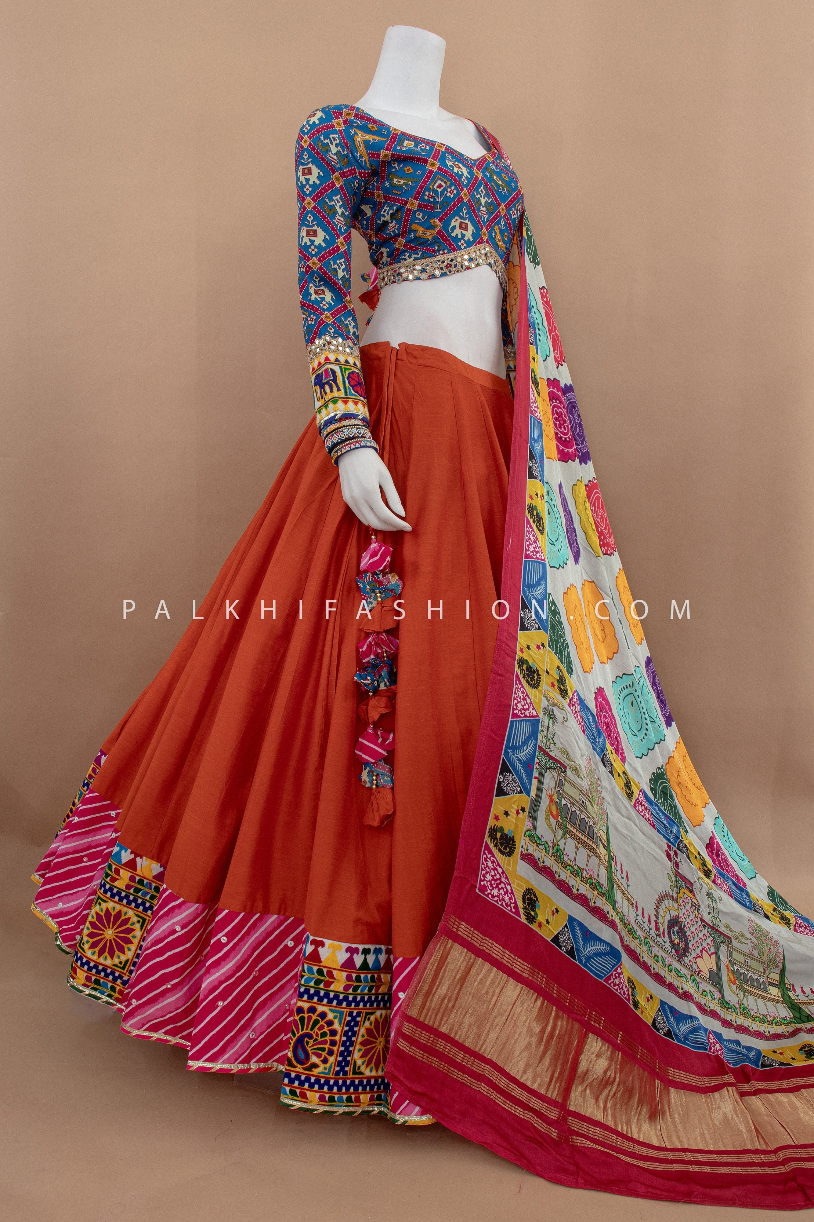 🧡 Vibrant Heritage Navratri Chaniya Choli | Patola Blouse with Multicolor Pure Silk Printed Dupatta