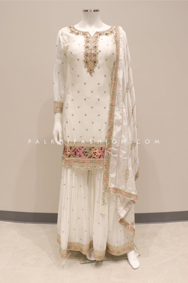 White Thread & Sequin Embroidered Palazzo Outfit