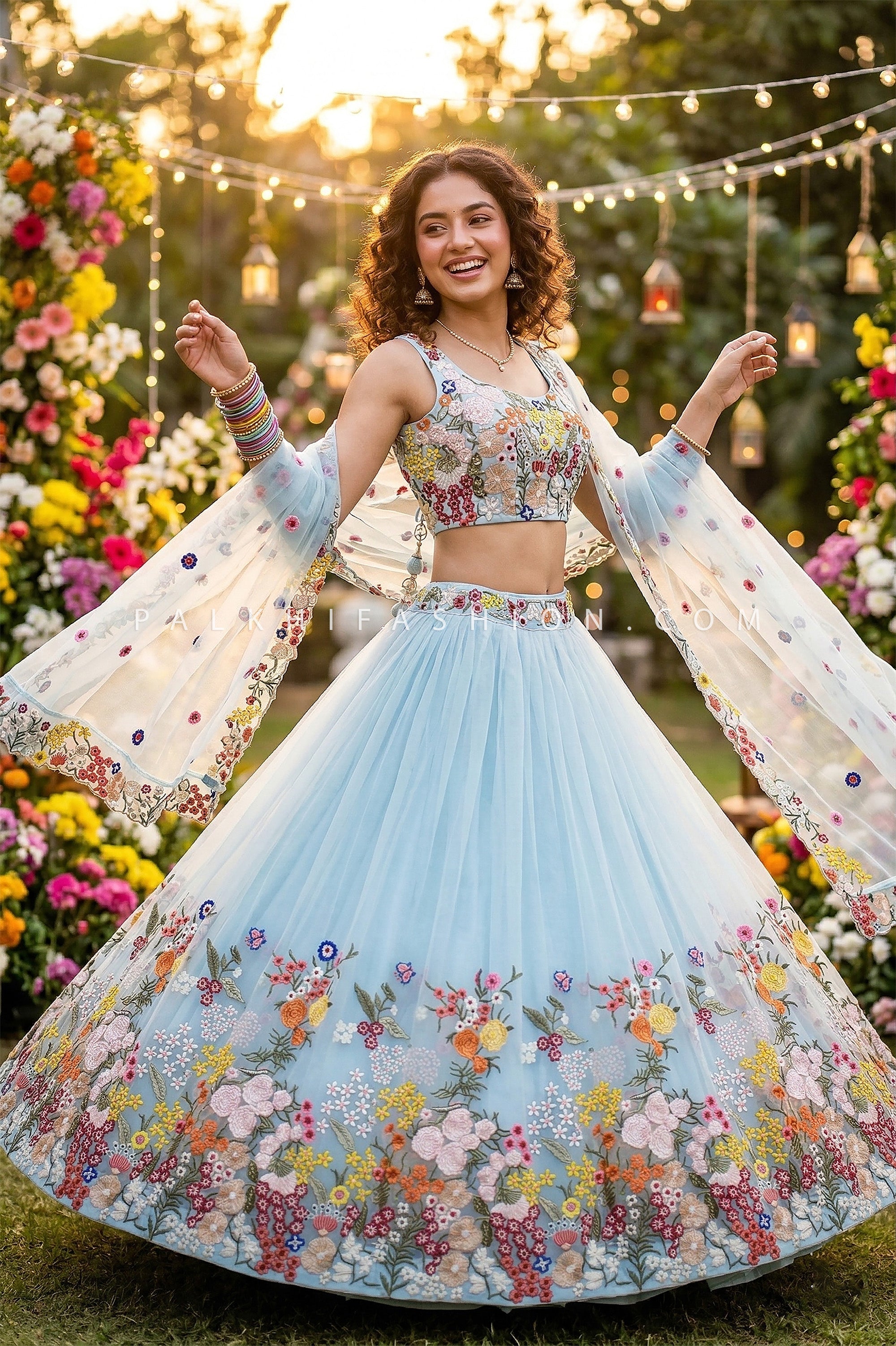 Whimsical Garden Elegance - Powder Blue Floral Embroidered Organza Lehenga – Palkhi Fashion