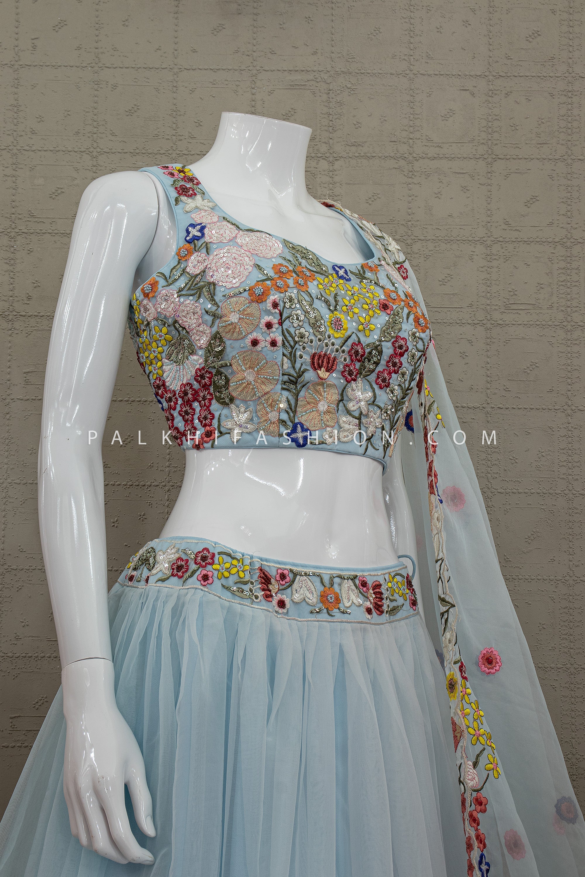 Whimsical Garden Elegance - Powder Blue Floral Embroidered Organza Lehenga – Palkhi Fashion