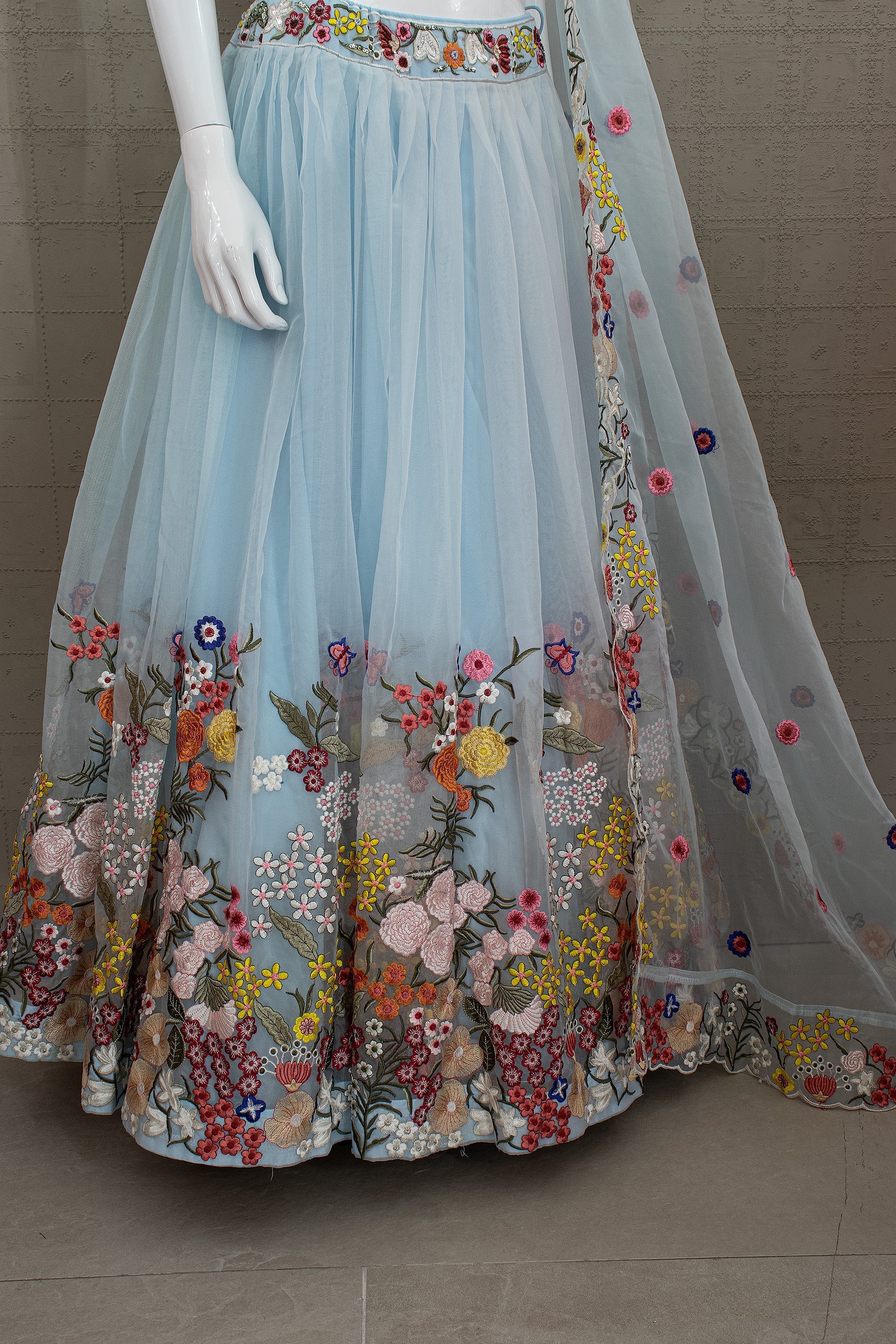 Whimsical Garden Elegance - Powder Blue Floral Embroidered Organza Lehenga – Palkhi Fashion
