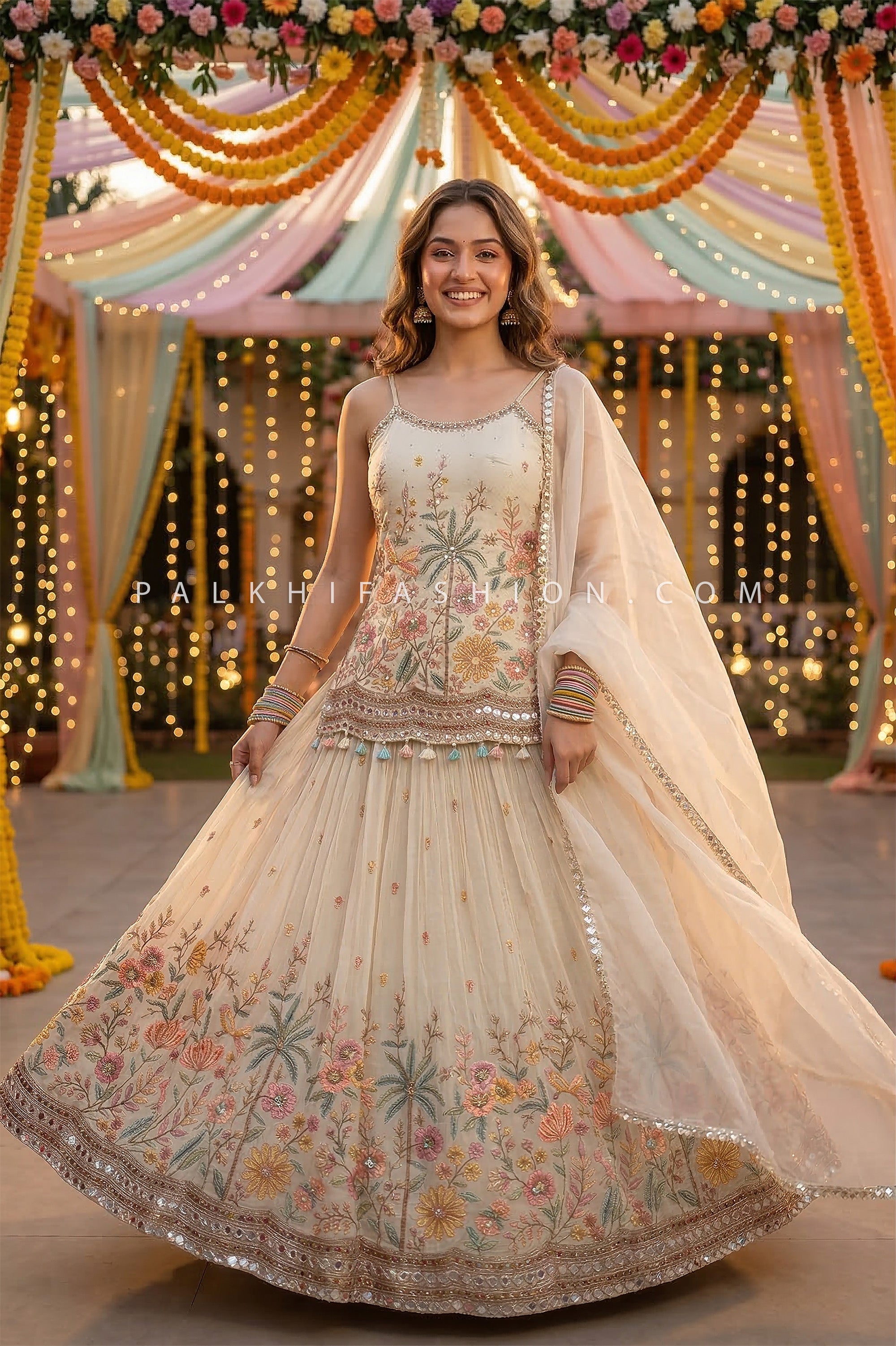 Whispered Floral Luxury – Multicolor Embroidered Lehenga Choli – Palkhi Fashion