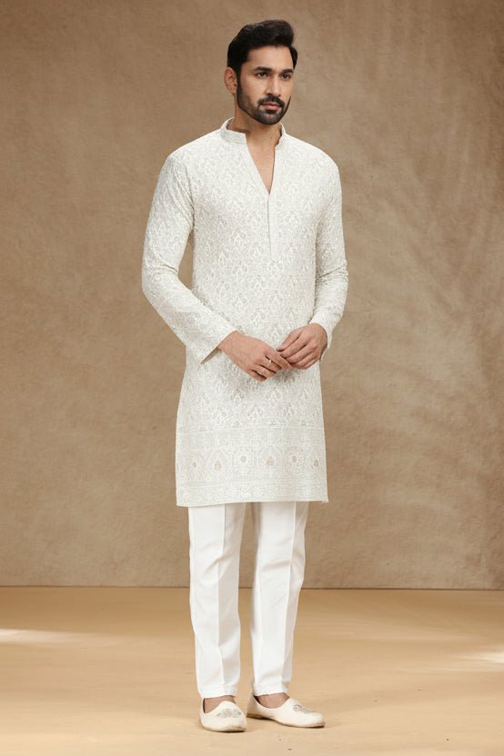 ✨ White Class: Designer Men’s Georgette Kurta Pajama with Embroidery & Stone Work – Palkhi Fashion