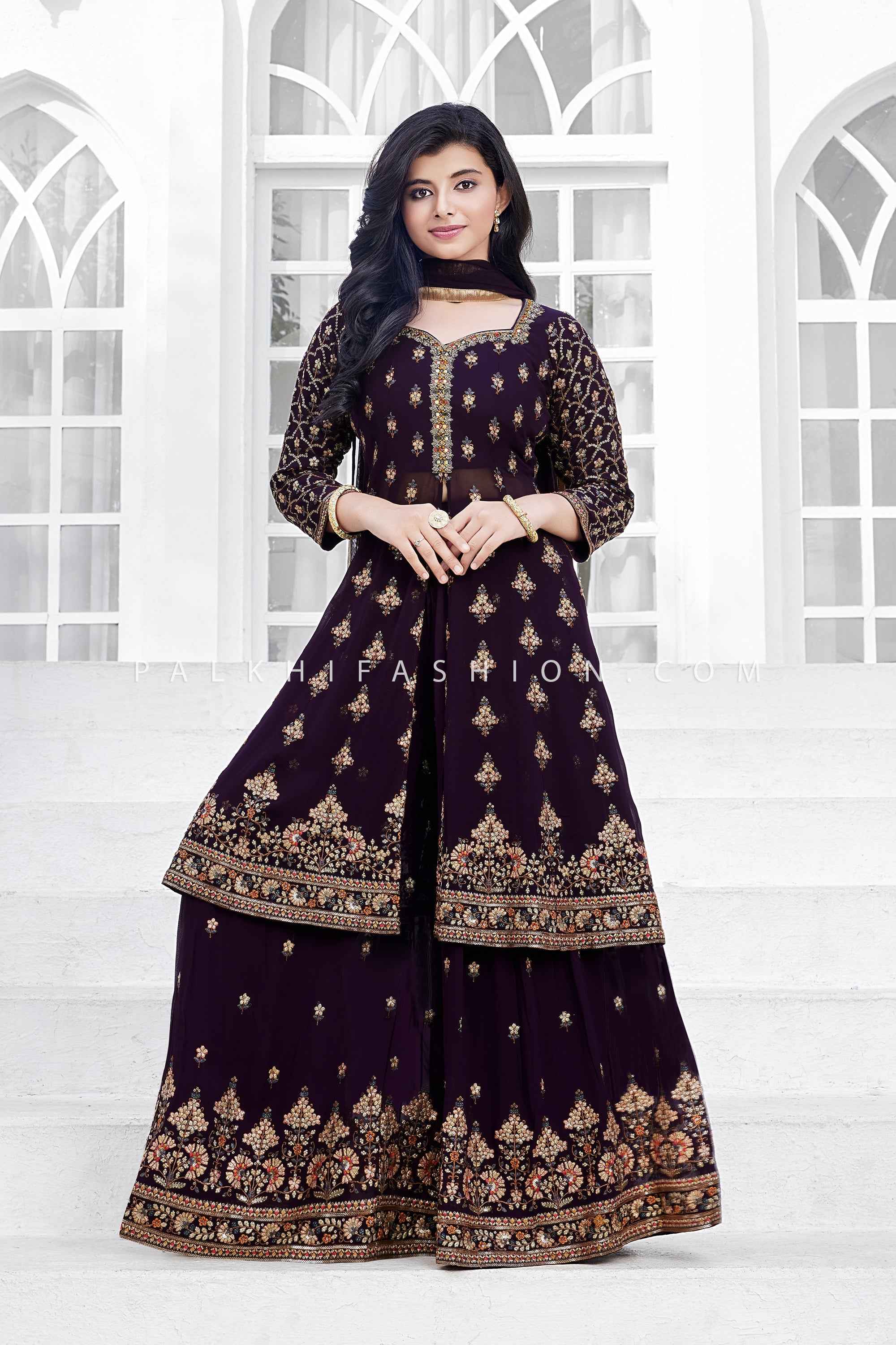 Wine Embroidered Front-Slit Palazzo Outfit – Palkhi Fashion
