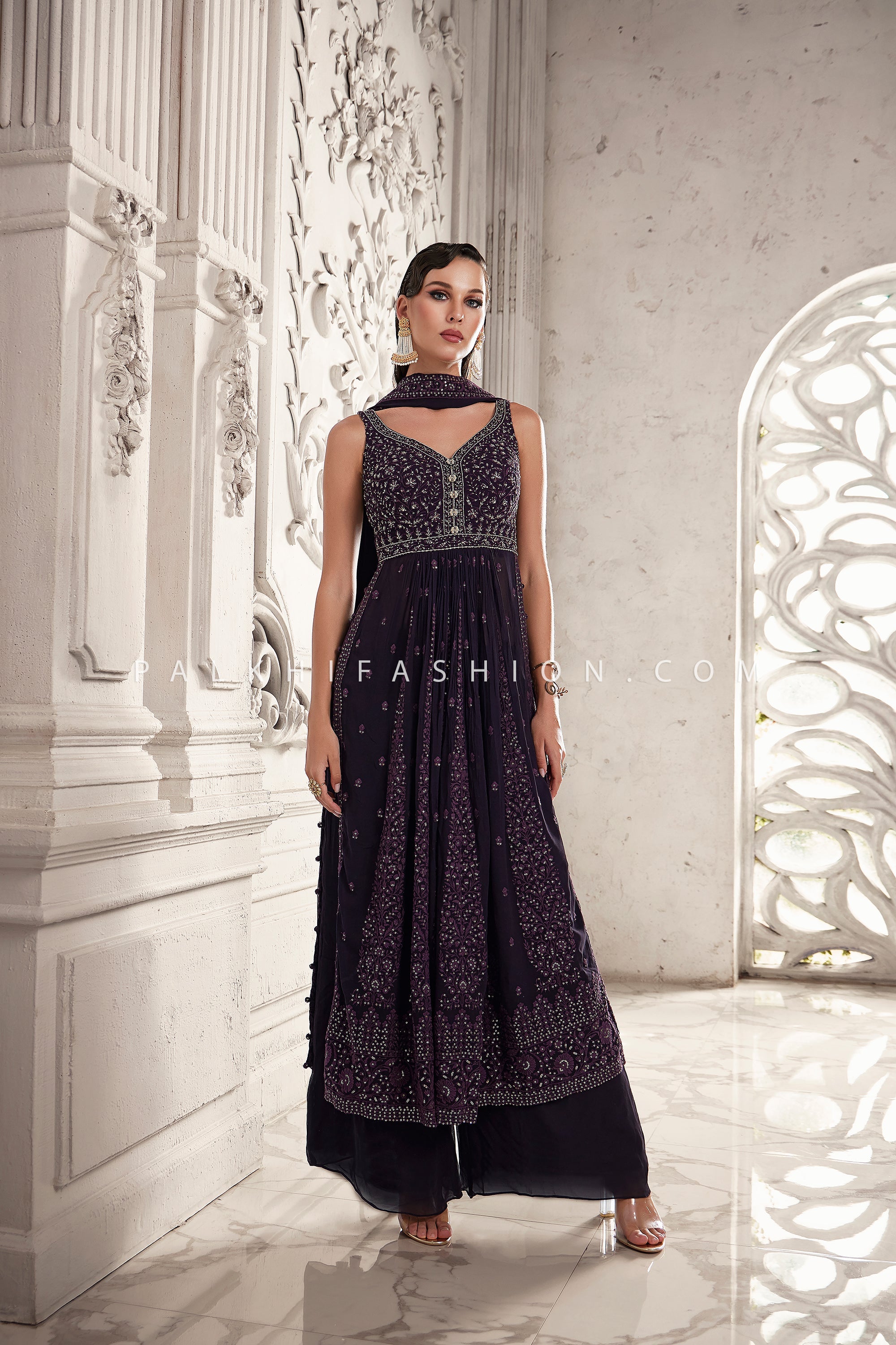 Wine Hand - Embroidered Naira Cut Palazzo Suit with Lakhnavi Work – Palkhi Fashion Houston