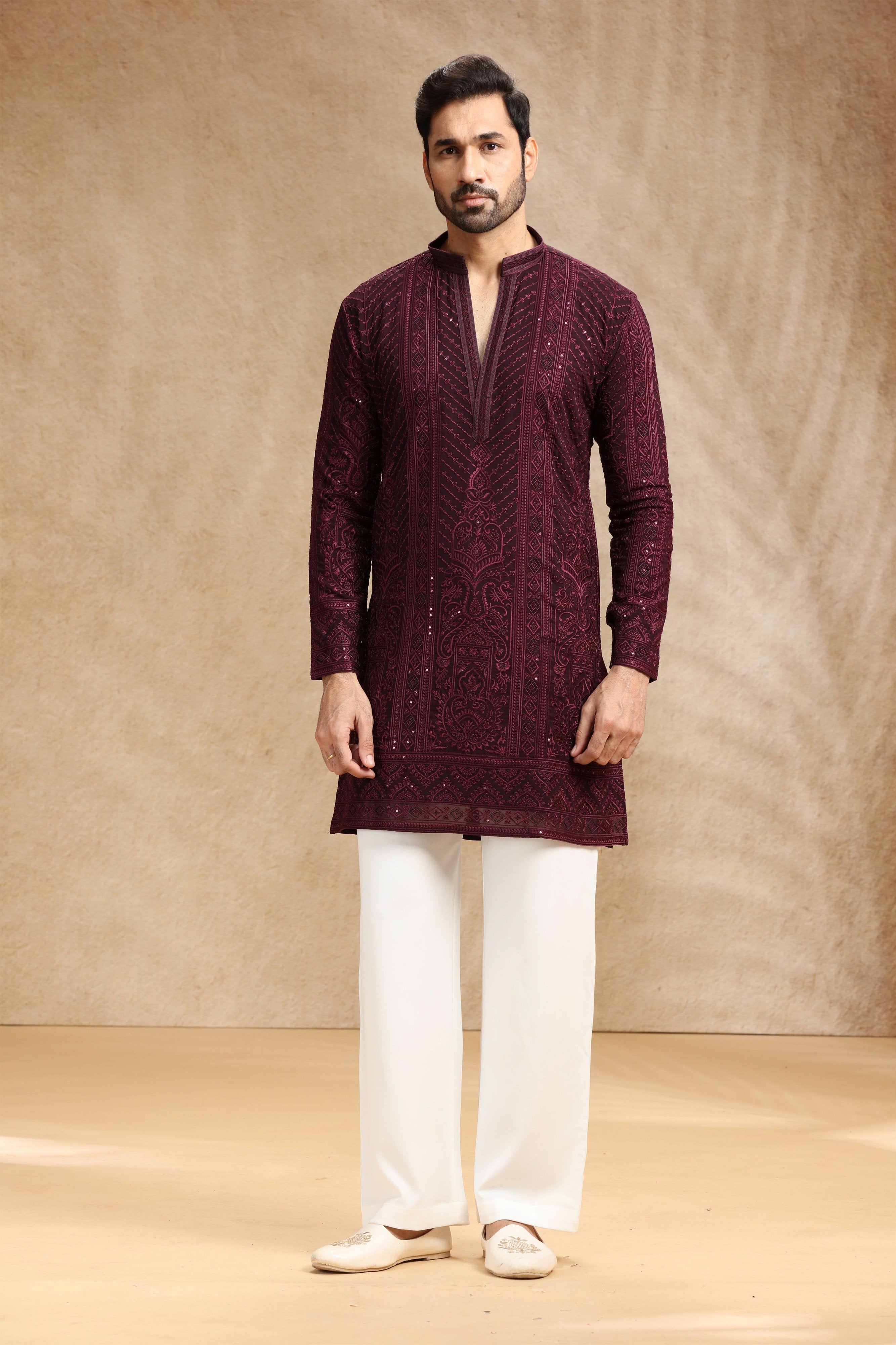 ✨ Wine Luxe: Men’s Wine Designer Kurta Pajama with Elegant Work– Palkhi Fashion