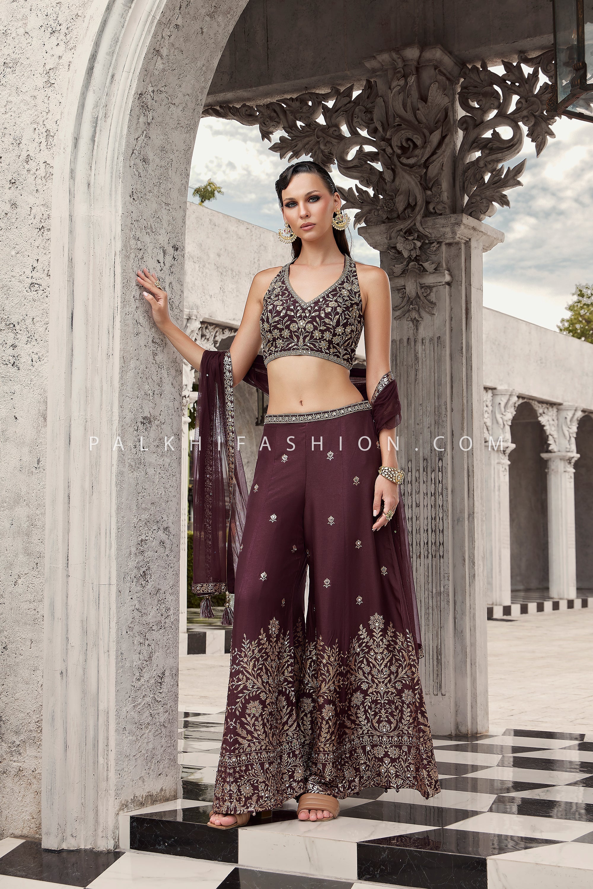 Wine Nocturne — Halter Neck Crop Top Palazzo Set With Mirror & Handwork
