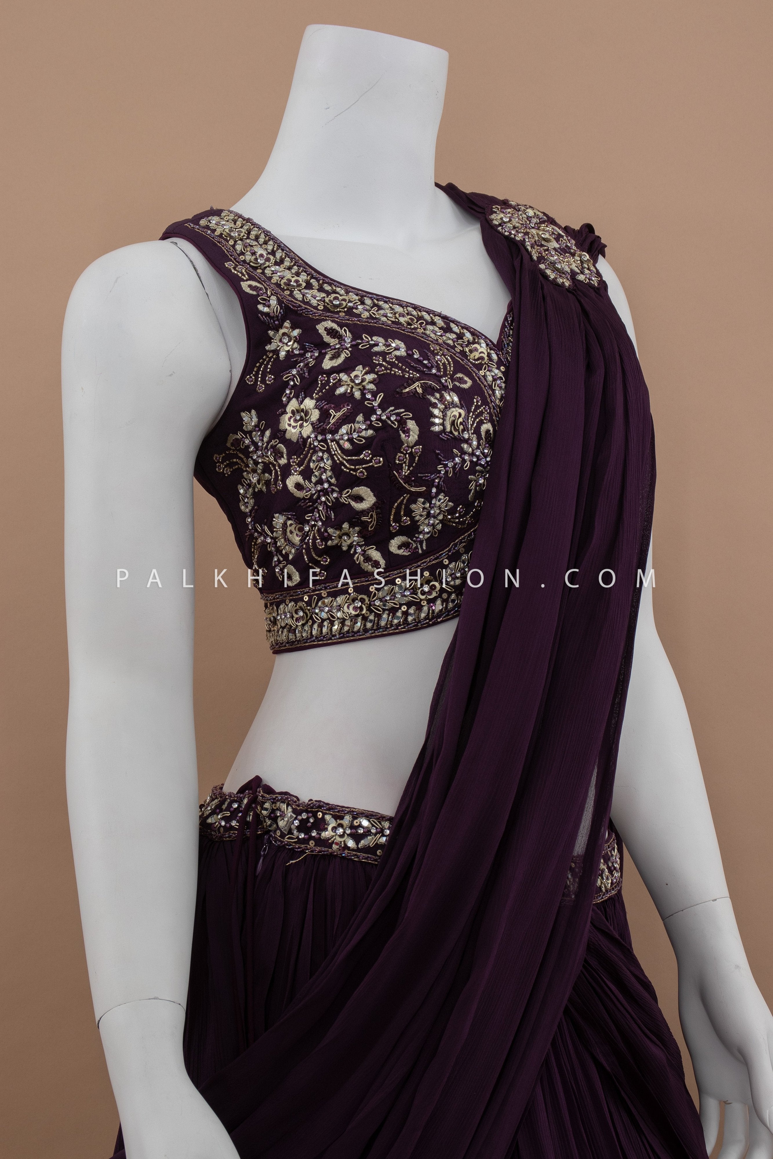 Wine Pure Georgette Lehenga Saree with Handwork Blouse – Palkhi Fashion