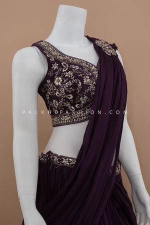 Wine Pure Georgette Lehenga Saree with Handwork Blouse – Palkhi Fashion