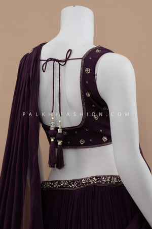 Wine Pure Georgette Lehenga Saree with Handwork Blouse – Palkhi Fashion