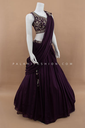 Wine Pure Georgette Lehenga Saree with Handwork Blouse – Palkhi Fashion