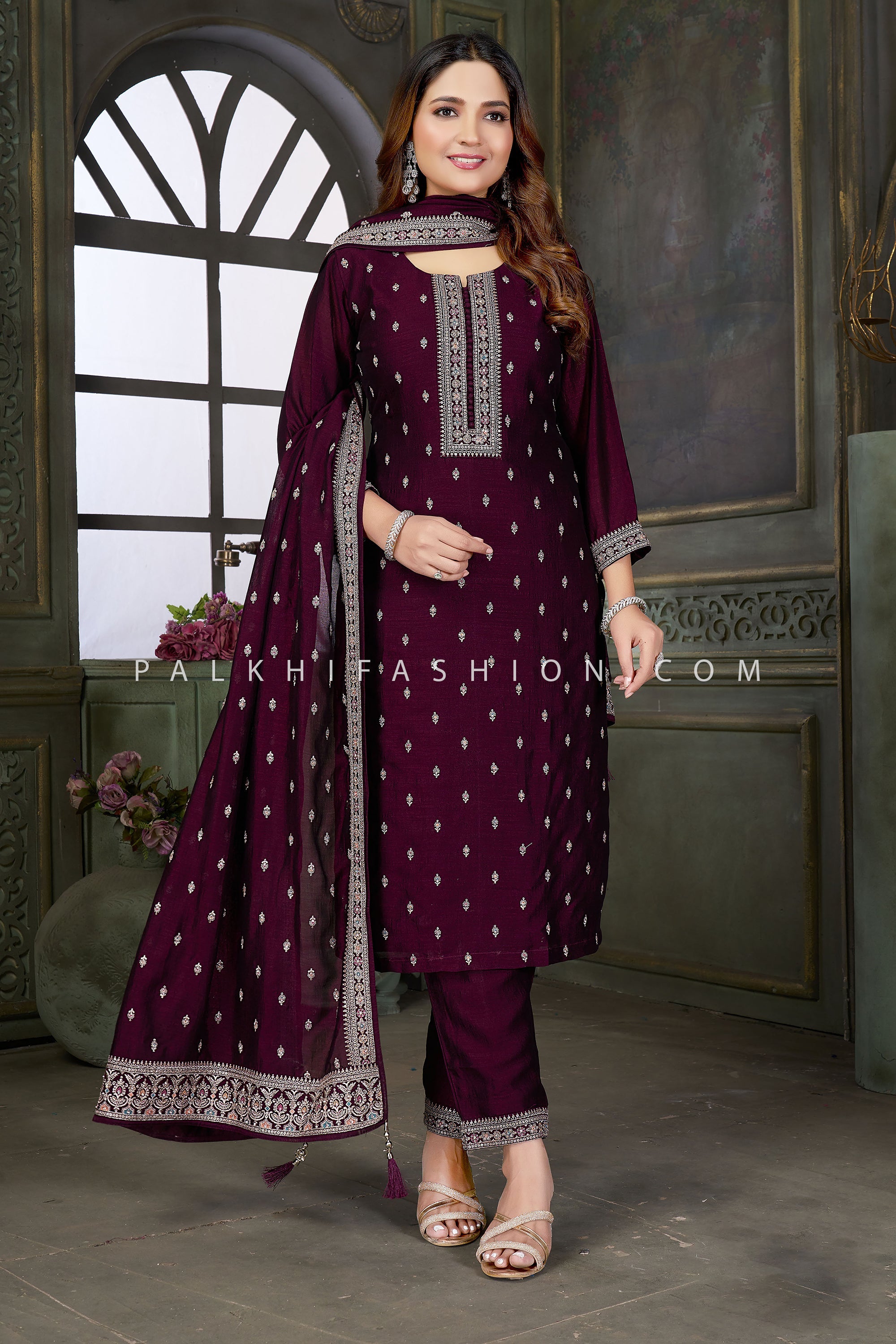 Wine Royale: Pure Soft Silk Straight Suit with Petite Stone Embroidery – Palkhi Fashion