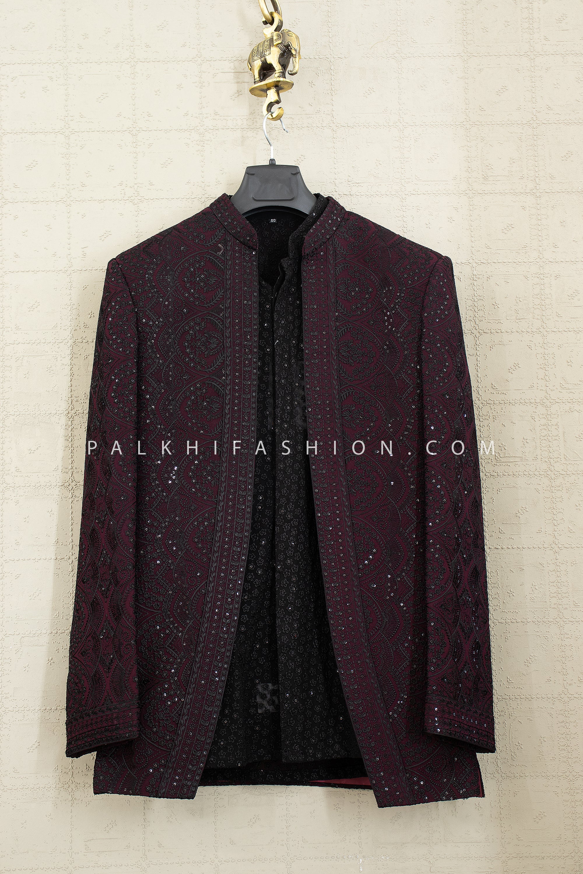 Wine Thread Embroidered Open Jacket Indo - Western Set | Palkhi Fashion Houston
