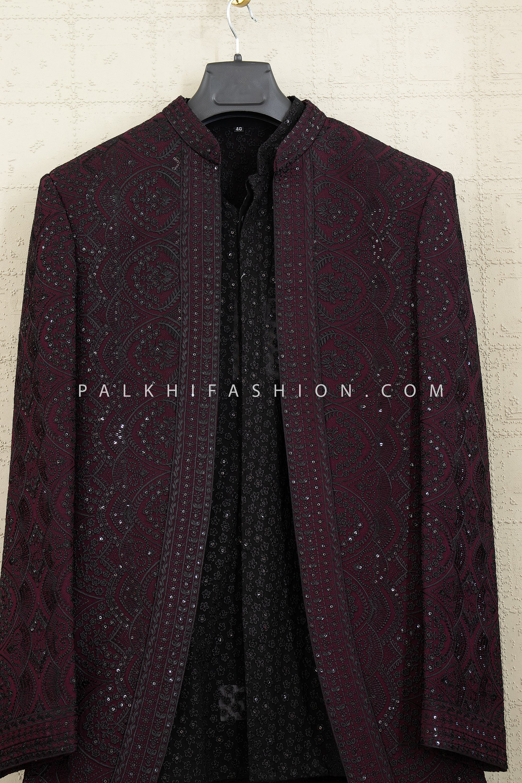 Wine Thread Embroidered Open Jacket Indo - Western Set | Palkhi Fashion Houston