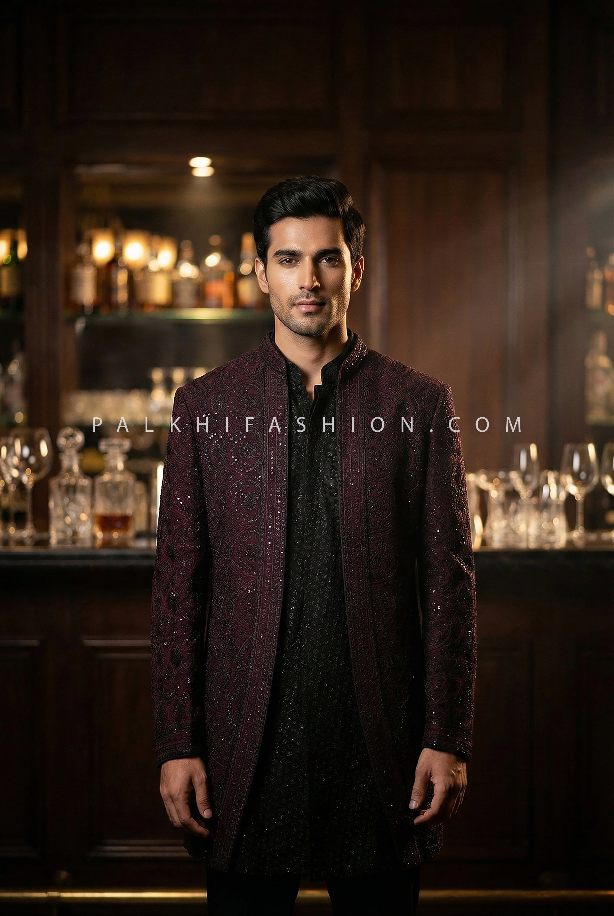 Wine Thread Embroidered Open Jacket Indo - Western Set | Palkhi Fashion Houston