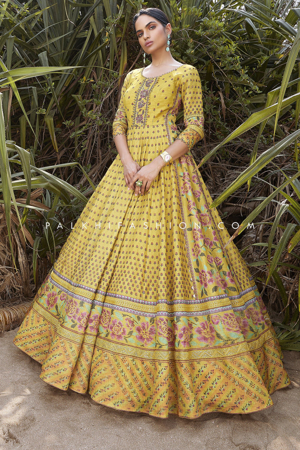 Beautiful Yellow Color Indian Designer Outfit With Prints & Handwork