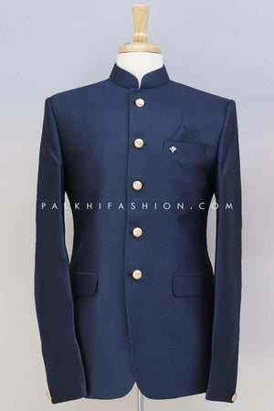 Navy Blue Soft Silk Jodhpuri Suit From Palkhi Fashion 