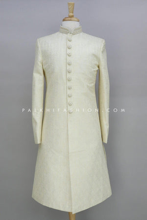 Off White Pure Silk Indo-Western With Embroidery Work 