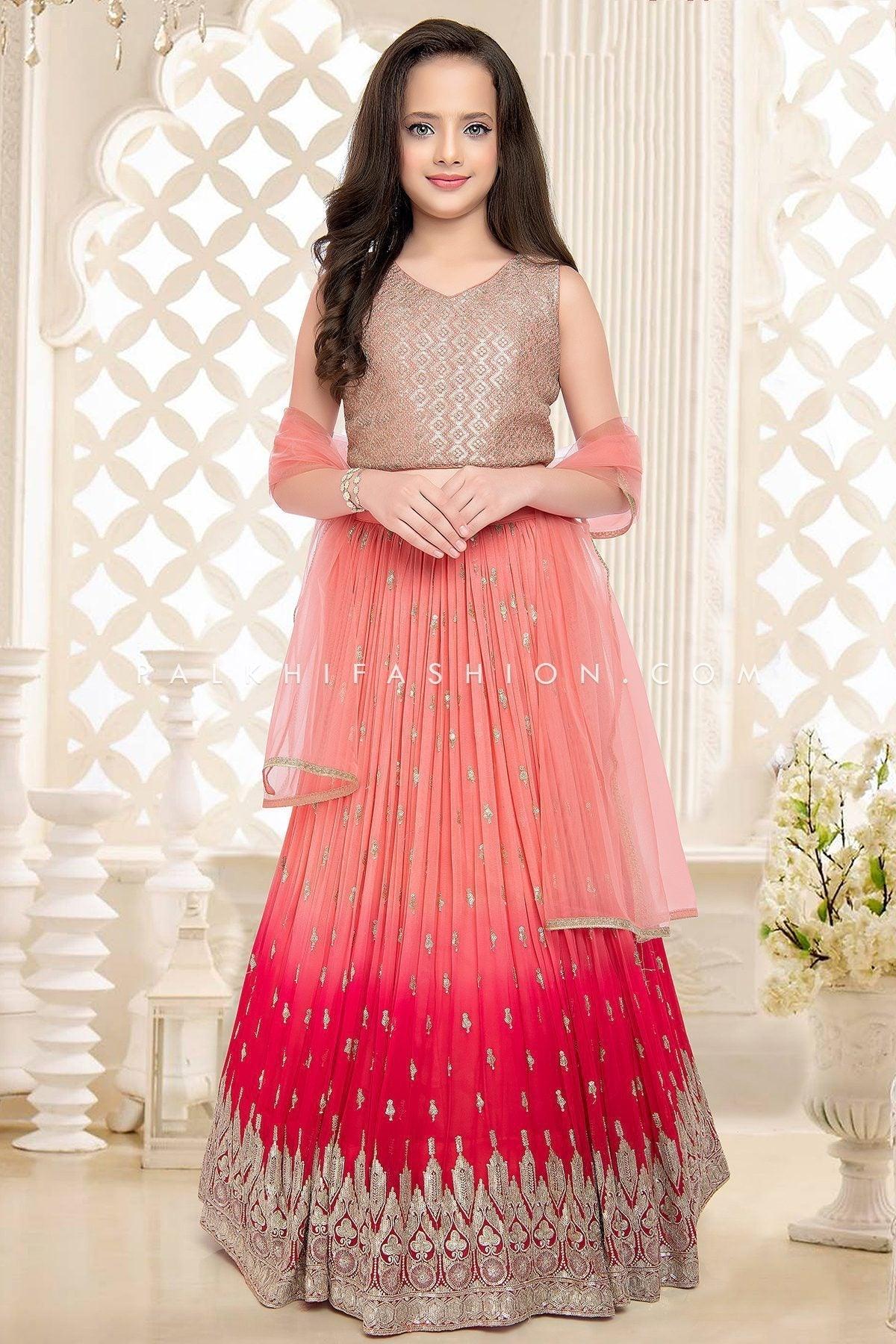 Peach/Pink Ombre Girls Lehenga Choli With Embroidery Work 