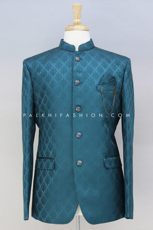 Petrol Blue Pure Silk Jodhpuri Suit With Classic Embroidery 