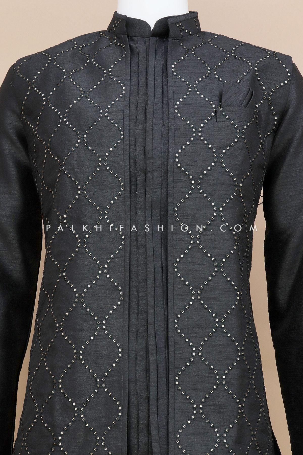Stunning Black Mens Jacket Kurta With Sequin Work 