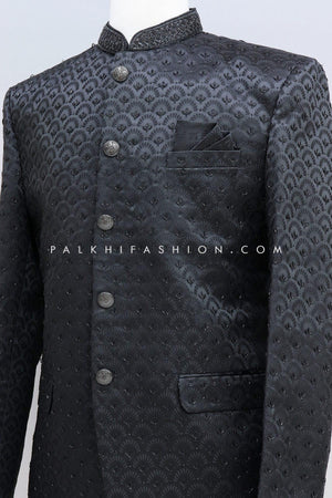 Stunning Black Pure Silk Jodhpuri Suit With Handwork 