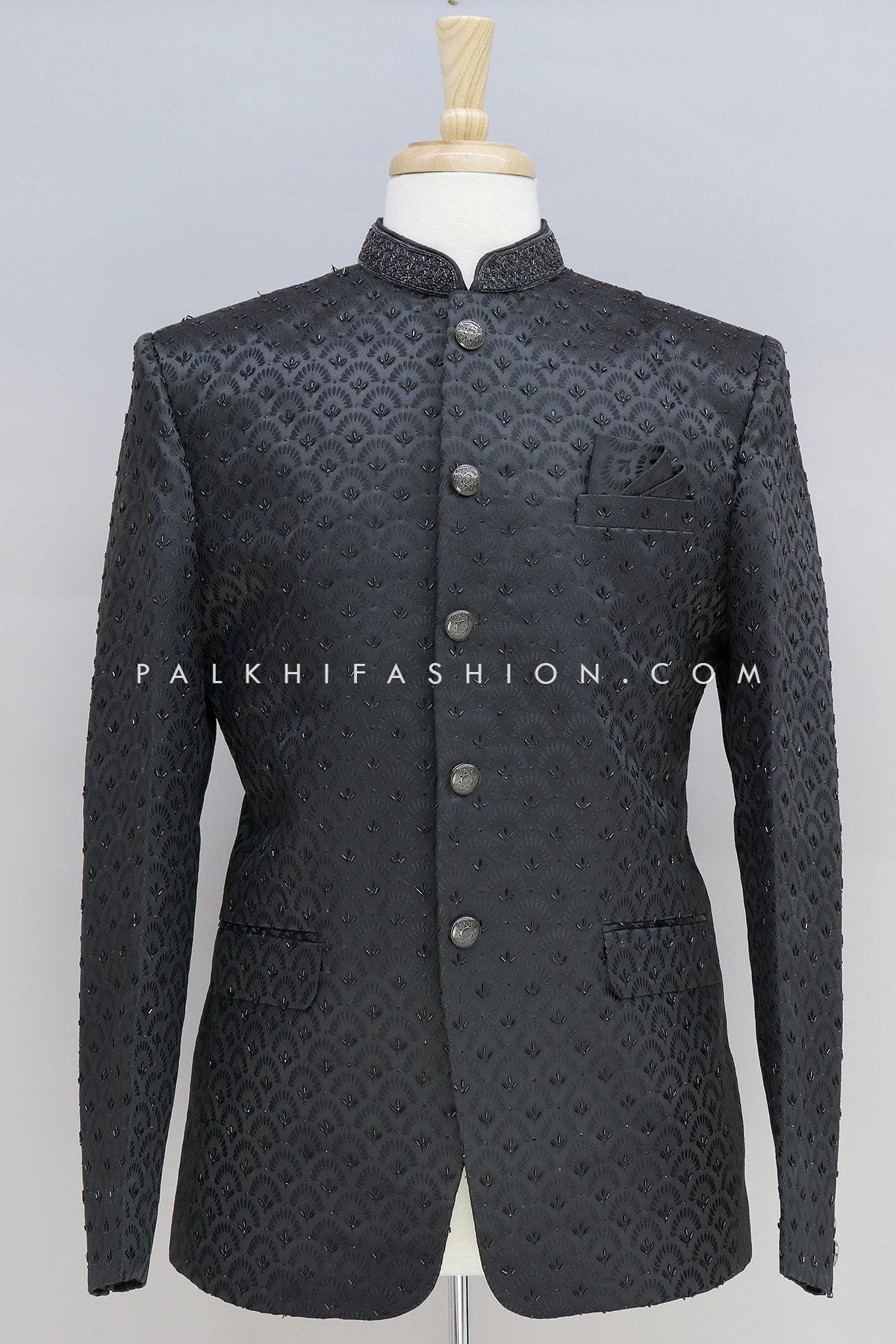 Stunning Black Pure Silk Jodhpuri Suit With Handwork 