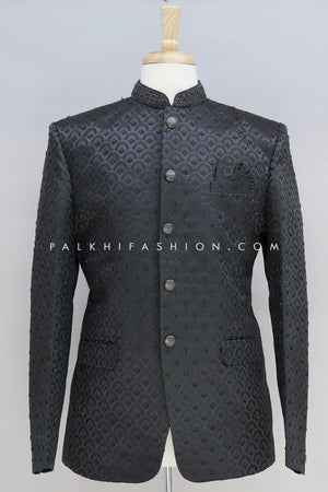 Stunning Black Pure Silk Jodhpuri Suit With Handwork 