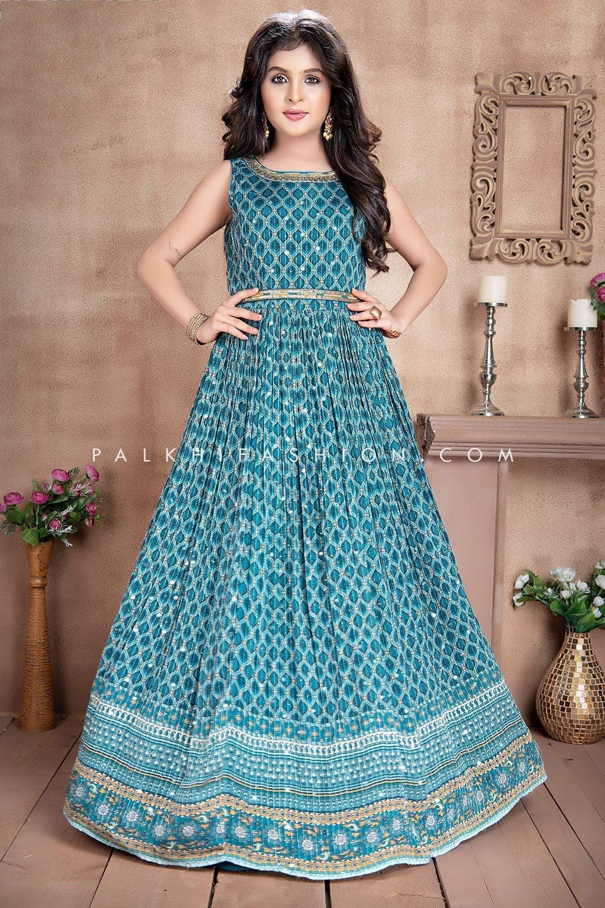 Stunning Light Blue Embroidery Work Gown For Girls 