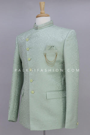 Stunning Light Green Jacquard Silk Jodhpuri Suit 