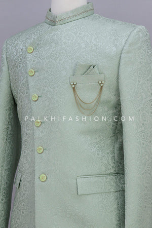Stunning Light Green Jacquard Silk Jodhpuri Suit 