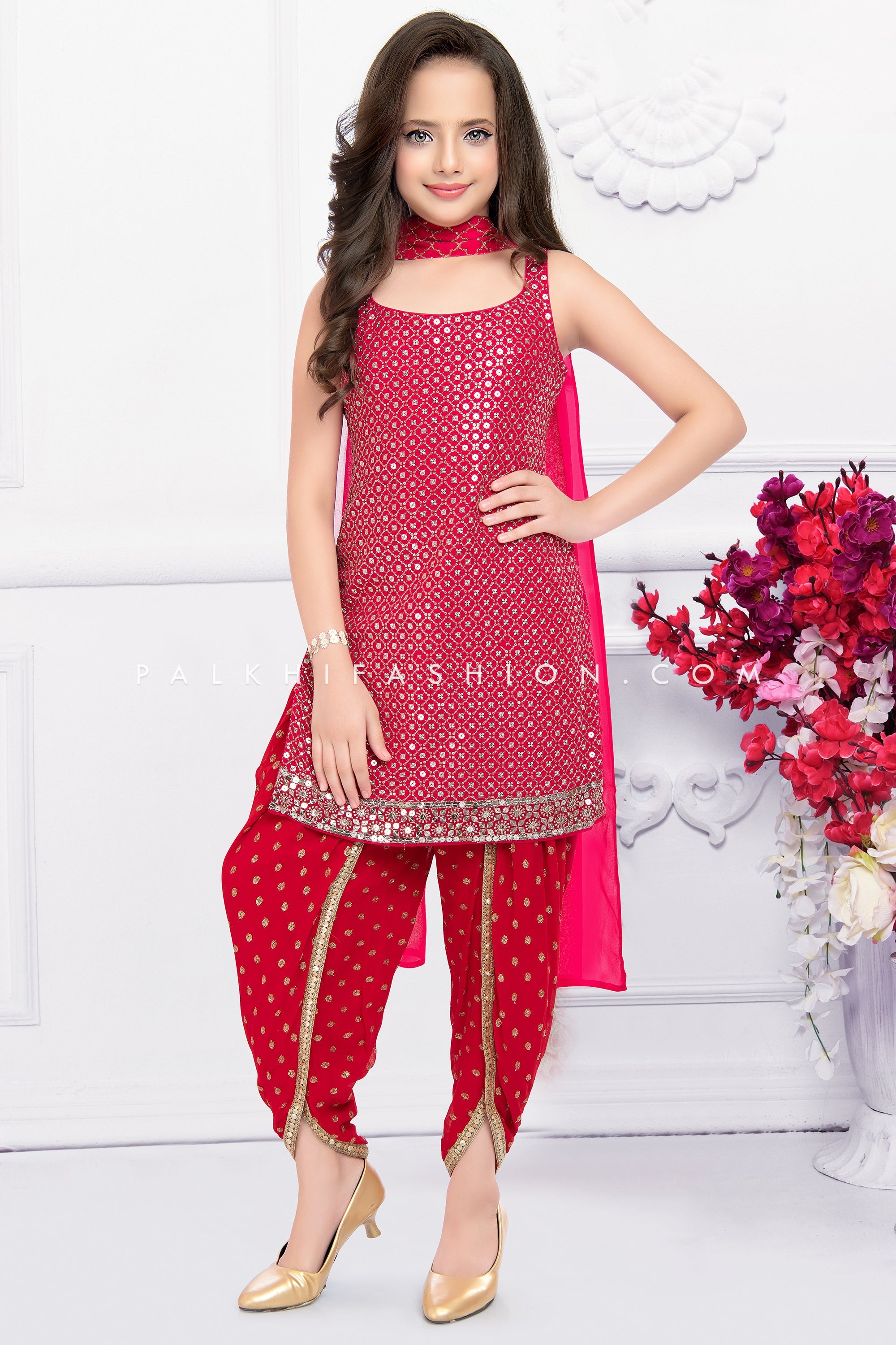 Stunning Rani Pink Girls Palazzo Outfit With Embroidery Work 