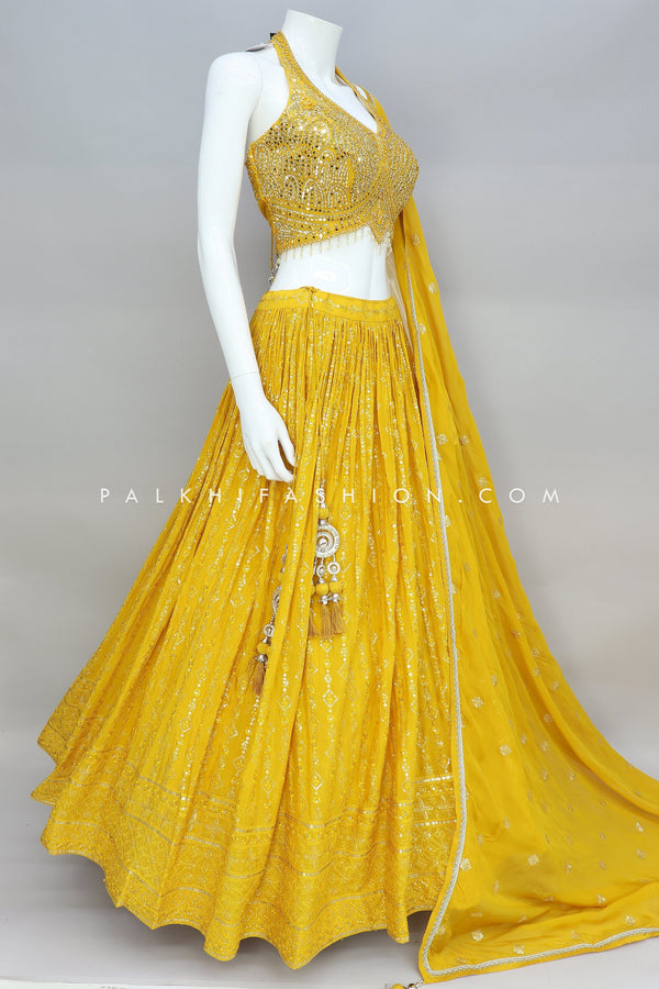 Alluring Light Yellow Lehenga Choli With Halter Neck Blouse - Palkhi Fashion