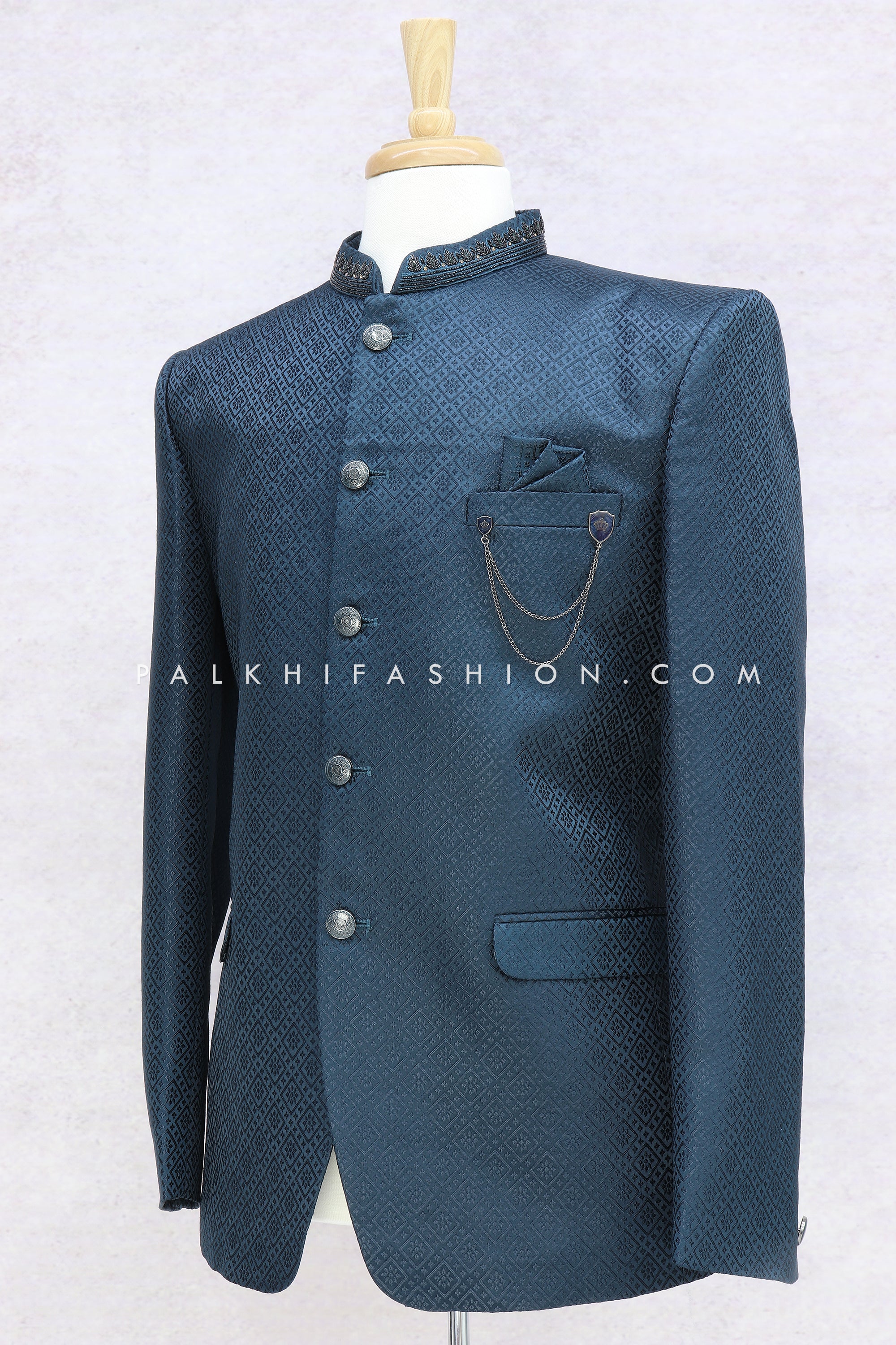 alluring petrol blue jodhpuri suit with handwork by palkhi fashion 706165