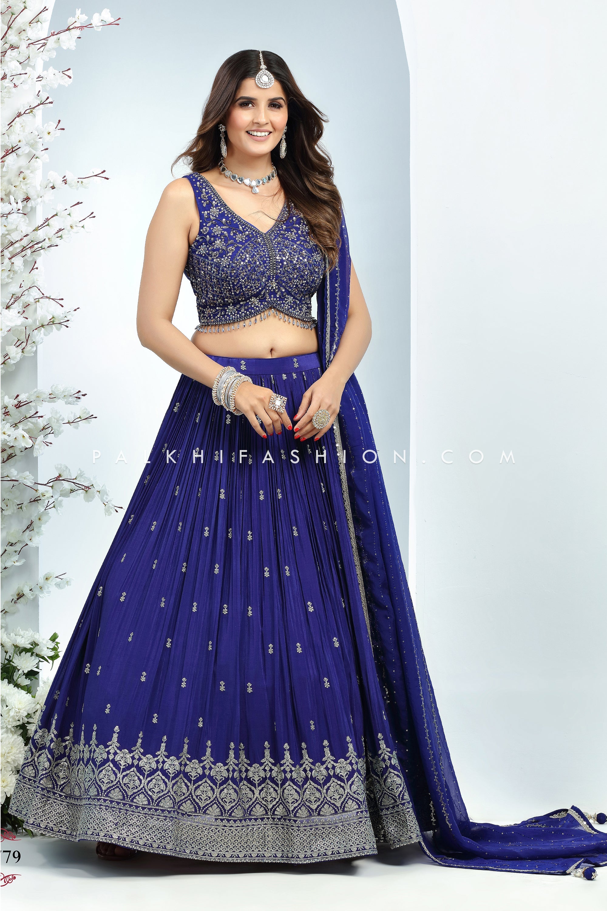 Bridal Wear Pearl Work Lehenga Choli Indian Ethnic Blue Wedding Lengha  Velvet | eBay