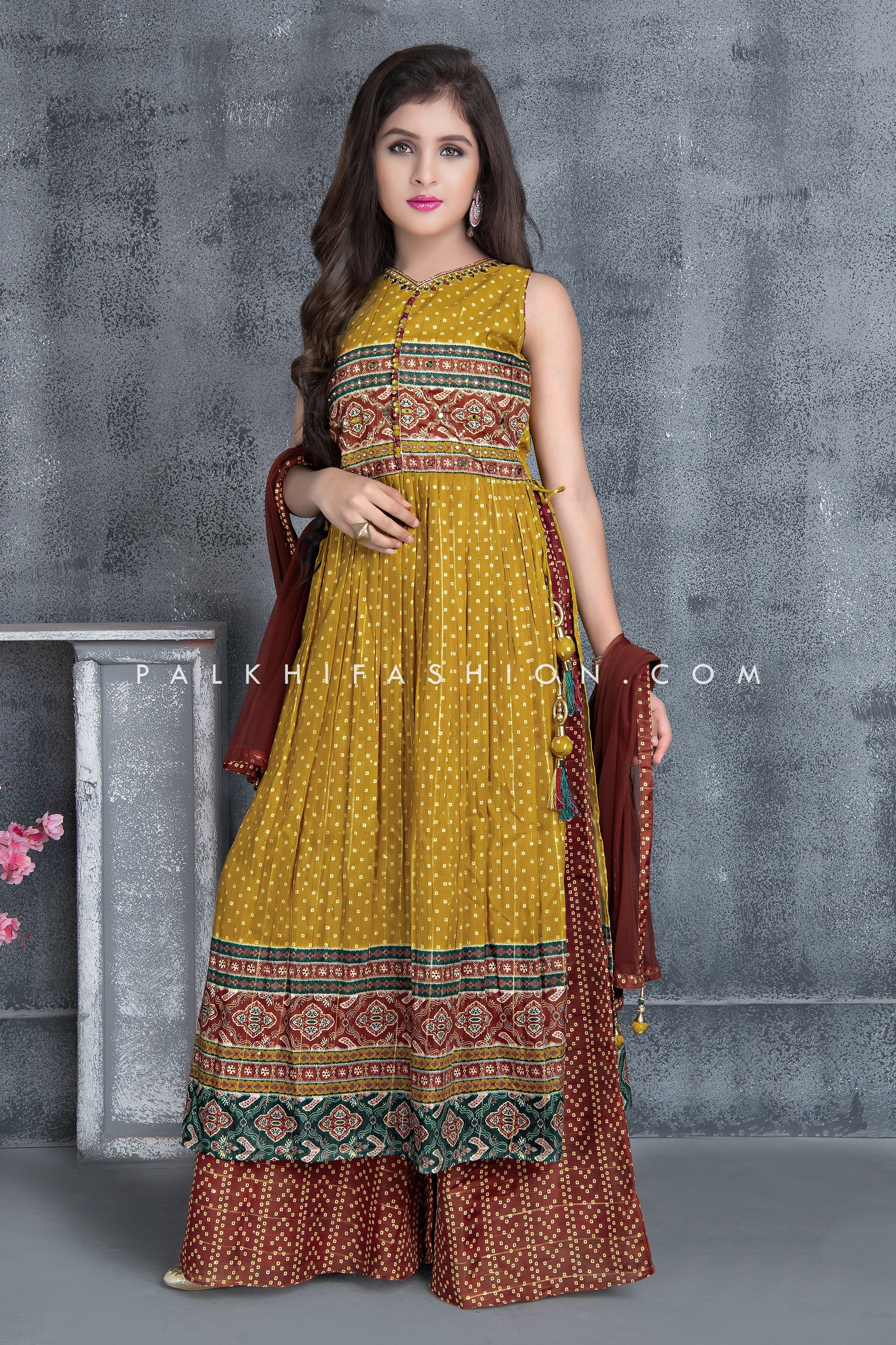 Appealing Light Mustard Naira Cut Palazzo Outfit - Palkhi Fashion