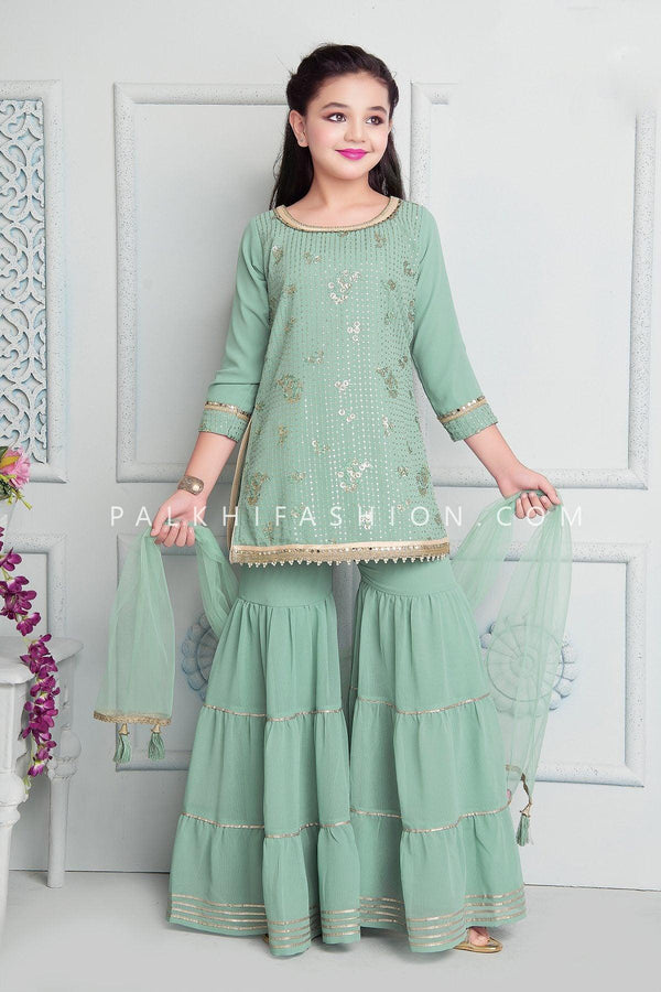 Beautiful Sage Green Palazzo Outfit With Embroidery Work - Palkhi Fashion