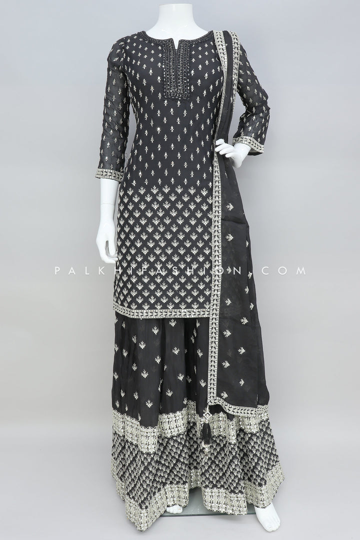 Black Pure Georgette Palazzo Outfit With Mirror Work - Palkhi Fashion