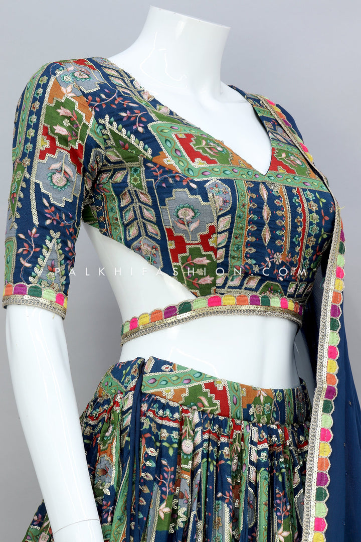 Blue Multicolor Designer Lehenga Choli With Dazzling Work - Palkhi Fashion