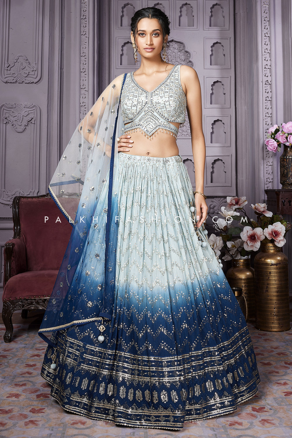 Elegant Blue Floral Embroidery Silk Wedding Lehenga Choli Wi