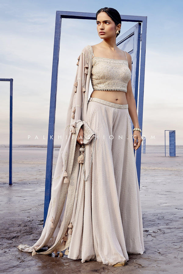 Chic Crop Top Palazzo Suit In Beige Color - Palkhi Fashion