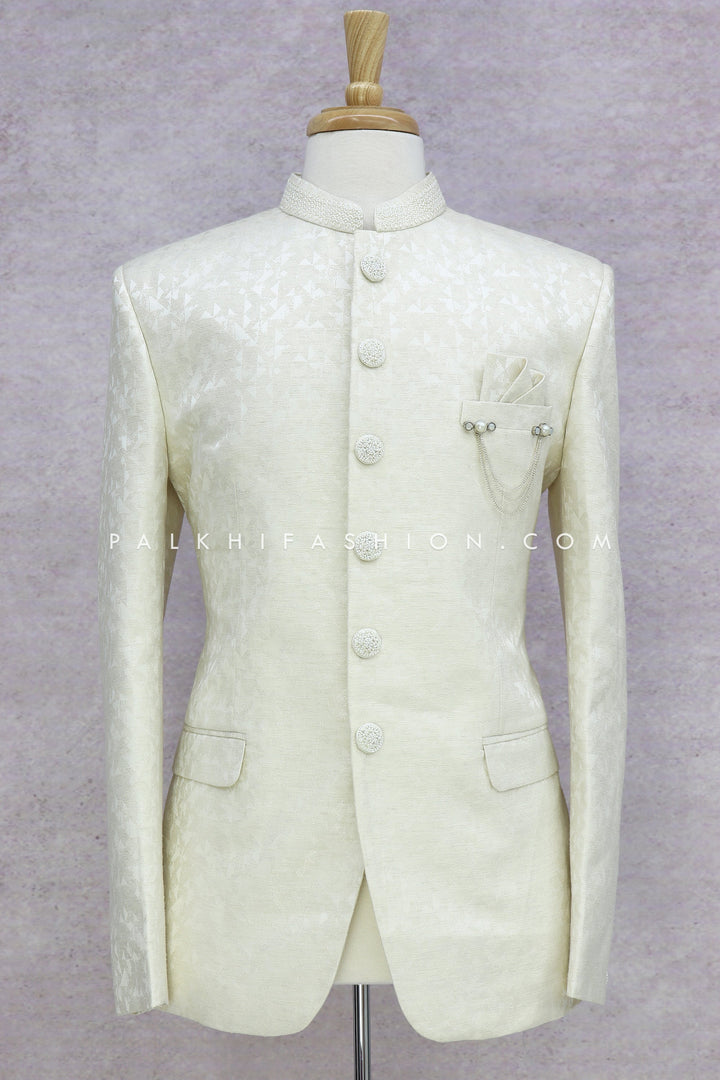 Cream Color Pure Silk Jodhpuri Suit With Handwork - Palkhi Fashion