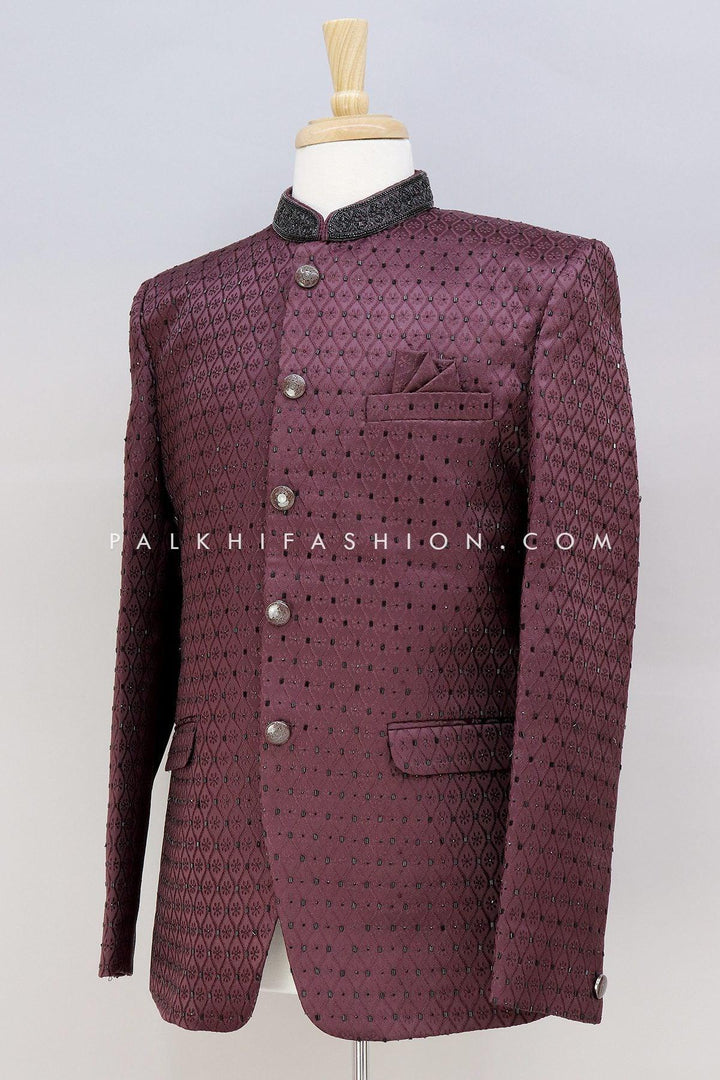 Dark Maroon Jodhpuri Suit With Appealing Handwork - Palkhi Fashion