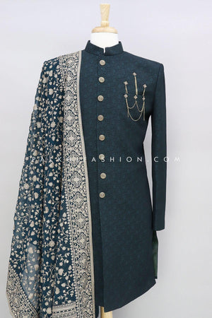 Dark Teal Pure Silk Indo-Western With Lakhnavi Work Dupatta 